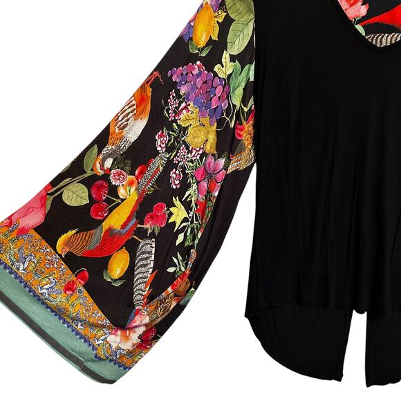 Desigual Eltsa Statement Sleeve Top Womens Medium Black Floral Birds Boho - Picture 6 of 10